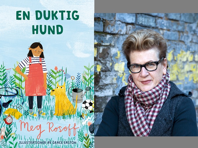 En bild på omslaget och en på författaren. Omslaget är ritat och föreställer ett barn i hängslekjol som står bredvid en halvstor hund i en vildvuxen trädgård. Författaren har kort halvblont hår som ligger bakåt och galsögon med kraftiga ramar. Hon har jacka och en stor rutig sjal.
