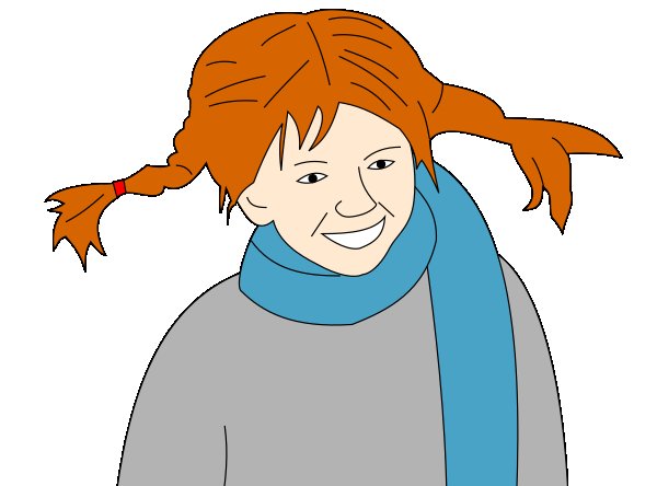 En tecknad bild av pippi. Hon har orangea flätor som står rakt ut och ler stort. Hon har en halsduk virad runt halsen.